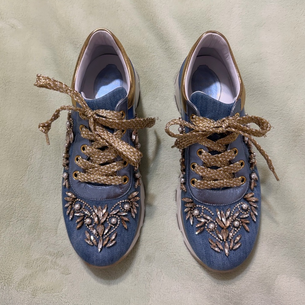 Rene Caovilla Crystal Appliqué Denim Sneakers